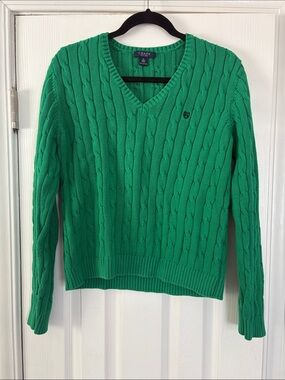 Chaps Women NWOT XL Bright Green Cable Knit V-Neck Sweater Long Sleeve Pullover